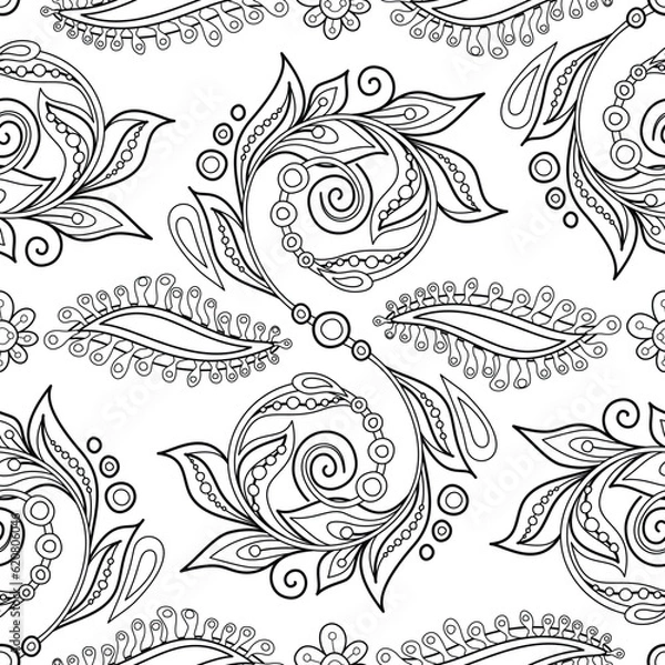 Fototapeta Folkloric Seamless Pattern with   Indian Paisley Swirl, Nature Inspired Design Element. Ornate Abstract Floral Pattern. Endless Texture. Vector Illustration Coloring Book Page