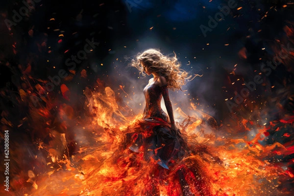 Fototapeta Abstract full body, magical fantasy portrait of a beautiful angel woman in the night with glowing energy lights and particles on an abstract galaxy background , Generative Ai