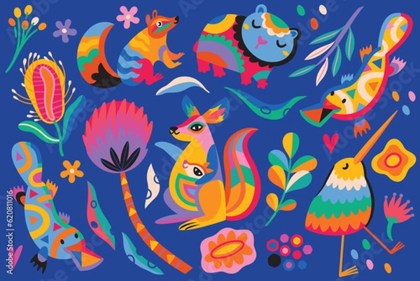 Fototapeta Big set of abstract Australian animals, flowers and leaves. Vector illustration