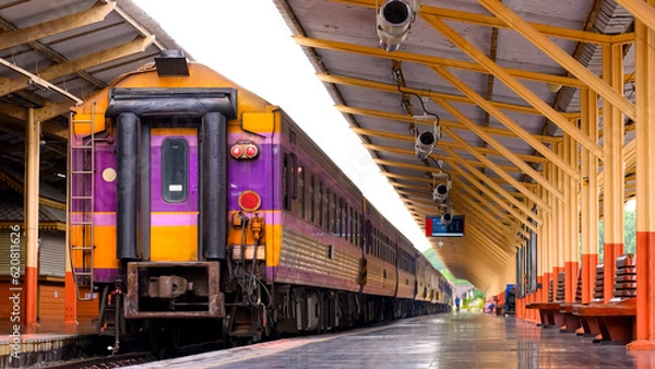 Fototapeta The old multicolored passenger diesel train waiting for passengers at the platform of Chiang Mai train station, Thailand. low angle and perspective side view