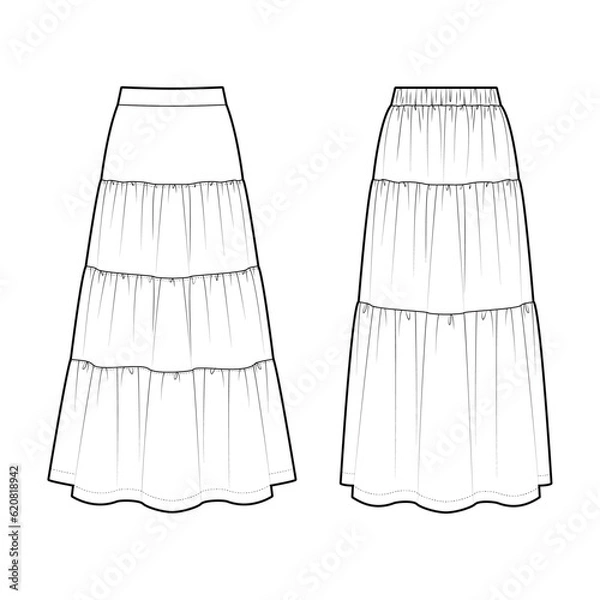Obraz Women's Tiered Maxi Skirt fashion vector sketch - Illustrator CC