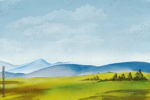 Fototapeta Fields and mountains. Abstract panoramic watercolor hand painted landscape background. Textured paper.