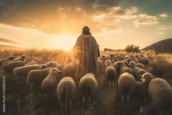 Fototapeta Biblia Jezus Pasterz ze swoim trzodą owiec podczas zachodu słońca. Generatywny AI