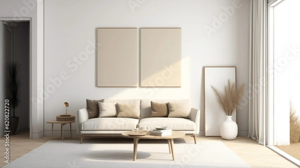 Fototapeta Stylish Living Room Interior with Mockup Frame Poster, Modern interior design, 3D render, 3D illustration