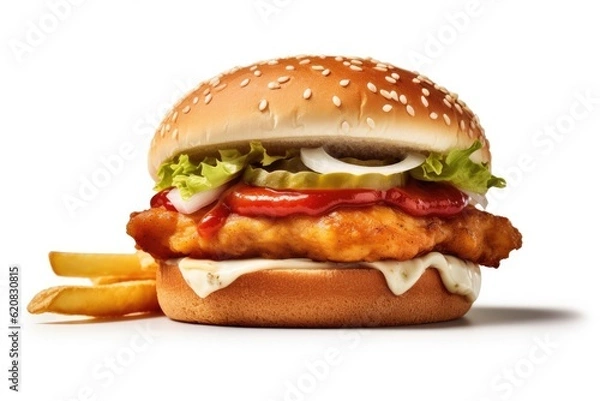 Fototapeta Chicken burger on isolated white background. Generative AI.