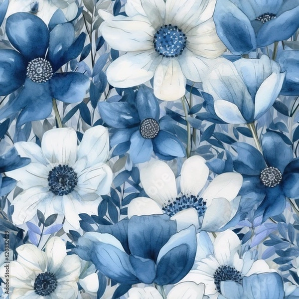 Fototapeta Blue watercolor seamless flowers, Floral background. Greate for textile, web design. Generative AI