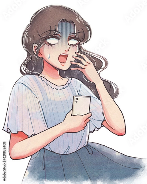 Obraz スマホを見て驚愕する…お嬢様の少女まんが風イラスト
