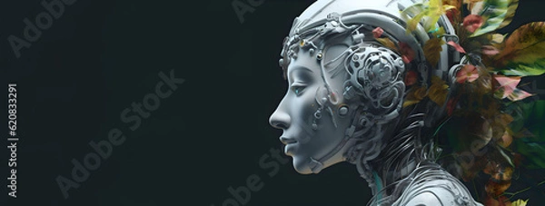 Fototapeta Side profile of a beautiful woman double exposure with spring-flowing flowers. Generative ai