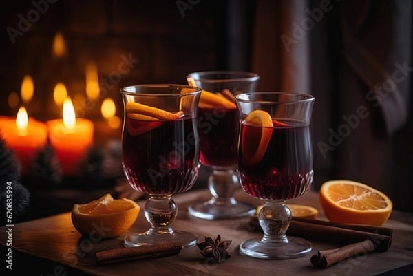 Fototapeta Cozy christmas photograph of mulled wine glintwine served in three glasses with slice of orange, stick of cinnamon in front of christmas tree and fireplace background. Candle on table,  Generative AI