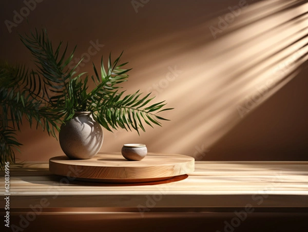 Fototapeta Softly light Lit Blank Wooden Counter Table, with Leaf Shadows Dancing on a Beige Textured Wallpaper Wall Luxurious Beauty Haven generative ai