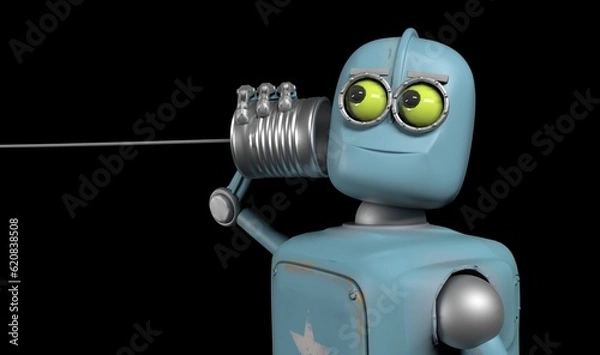 Fototapeta Retro robots talking on tin can phones. 3d render