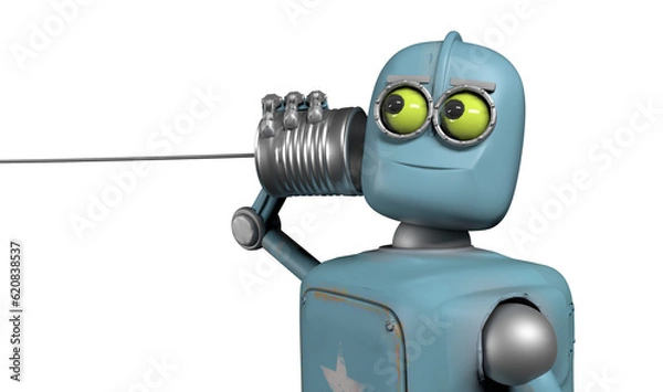 Fototapeta Retro robots talking on tin can phones. 3d render
