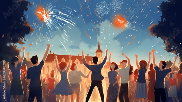 Obraz Feux d'artifice de la fête nationale française du 14 juillet dans un petit village de campagne