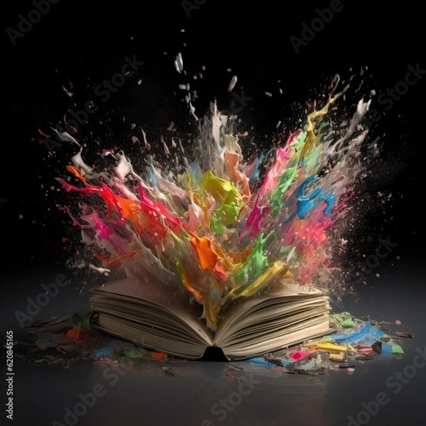 Fototapeta Exploded book. An explosion of color out of the book. Great for creativity and new ideas creation, business and growth, new generation, educational concepts. Generative AI