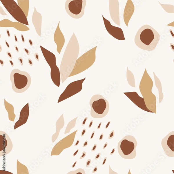 Fototapeta Modern minimalistic vector design. Hand drawn organic natural shapes. Seamless abstract botanical pattern. A trendy collage of leaves and dynamic dots.Earthy shades.