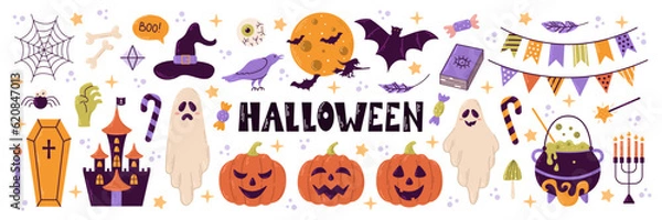 Fototapeta Szczęśliwy zestaw elementów Halloween, duch, dynia, nietoperz i kot. Wektor to urocza ilustracja w stylu ręcznie narysowanym