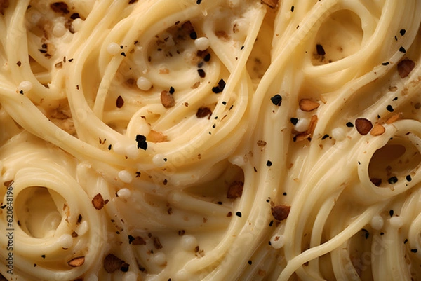 Fototapeta a macro close-up image of cooked italian pasta noodles spaghetti or linguine with cream sauce and ground black pepper filling the frame. Generative AI technology