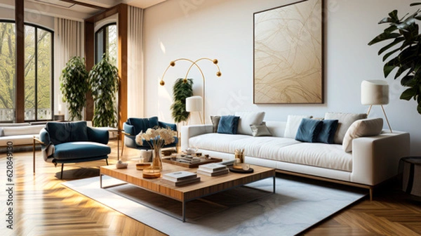 Fototapeta A Place to Unwind: Luxurious and Spacious Living Room with a Plush Couch