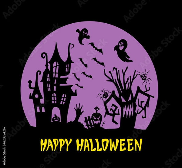 Fototapeta Halloween illustration, Surface print, Silhouette of Halloween objects