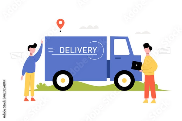 Fototapeta Cartoon characters near the truck. Express delivery concept. illustration.