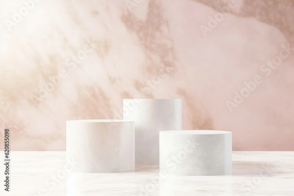 Obraz 淡いピンクのマーブル模様の背景に三つの円柱の展示台がある春用の抽象バナー。AI生成画像