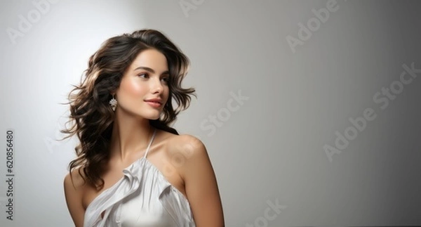 Obraz Beautiful woman, fresh skin, isolated on clear studio background , Generative Ai