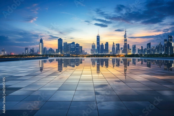 Fototapeta Panoramic skyline and modern business office buildings with empty road,empty concrete square floor , Generative Ai