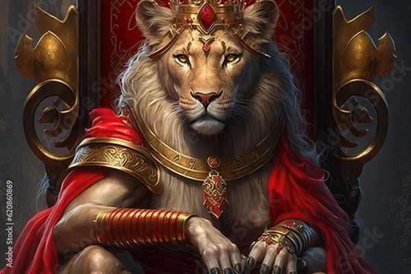 Fototapeta A majestic, regal lion sits on a throne. The ruler - the royal lion dressed in a red mantle with her  royal attributes, closeup. The lioness queen. Generative AI