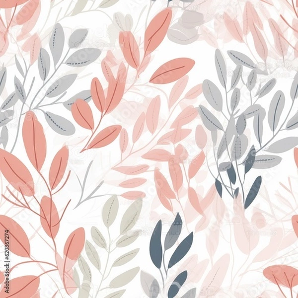 Fototapeta Floral pattern. Fashion trendy abstract arrangements with colorful plants. Minimalistic spring leaves with pastel pinkish colors. Seamless pattern. Generative AI