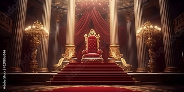 Fototapeta Red carpet leading to a king thrones inside of the palace castle. Finest generative AI.