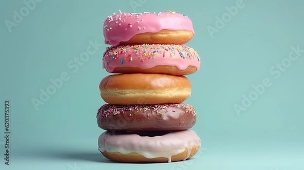 Fototapeta A stack of donuts with a soft pastel-colored topping, on blue/ green background.  Delicious donuts with colorful colored glaze. Generative AI