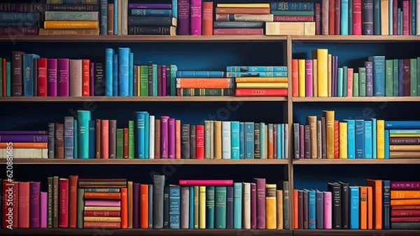 Fototapeta Kolorowy stos literatury w bibliotece. Generatywny AI