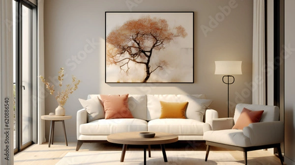 Fototapeta Stylish Living Room Interior with an Abstract Frame Poster, Modern interior design, 3D render, 3D illustration