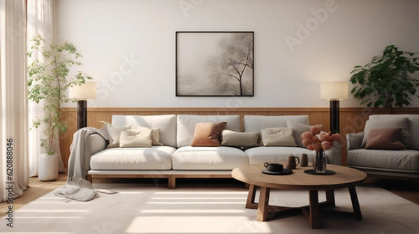 Fototapeta Stylish Living Room Interior with an Abstract Frame Poster, Modern interior design, 3D render, 3D illustration