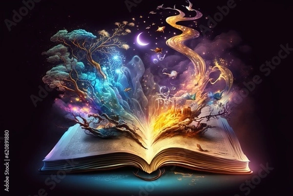 Fototapeta Illustration of a magical book that contains fantastic stories. Open book, fantasy comes out of it  Trees, underworld. Great for children, kids books illustration, educational concepts. Generative AI