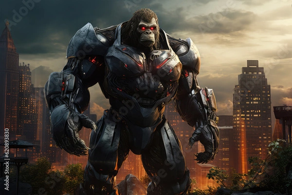 Obraz animal robot with cityscape on background