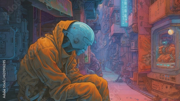 Fototapeta alien cyborg head sci-fi cyberpunk street - by generative ai