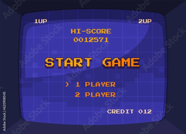 Fototapeta Screen with an arcade game. Start screen in the gaming device. Vector illustration