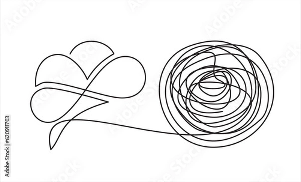 Fototapeta Chaos and brain, abstract minimalist concept vector illustration. Metaphor of disorganized difficult problem mess with single continuous tangle thread in need of unraveling, found solution.