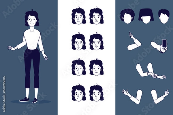 Fototapeta A character to animate your Motion Design. Vector set of a female character with gestures and emotions.