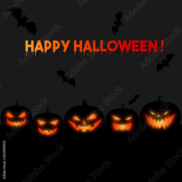 Obraz Happy Halloween banner . Halloween party invitation background with bats and black pumpkins black  background.  Pumpkins with glowing eyes 