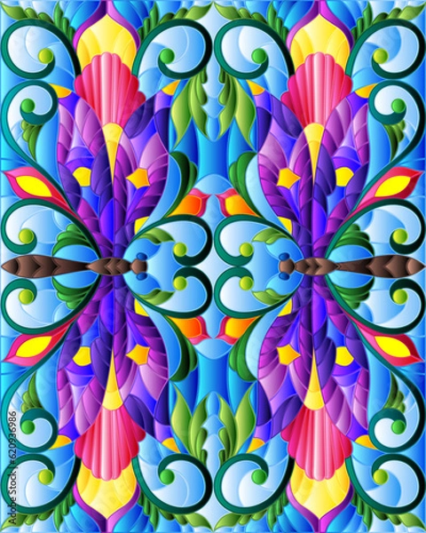 Obraz An illustration in the style of a stained glass window with bright dragonflies and flowers on a blue sky background