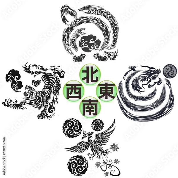Obraz 風水,四神図,白黒,