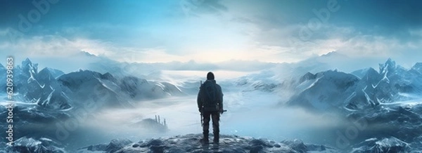 Fototapeta Man on top of a mountain, generative AI