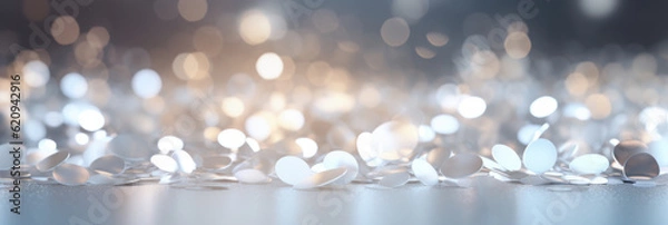 Fototapeta Banner. Abstract silver background with bokeh and sparkles, festive backdrop. AI generative.