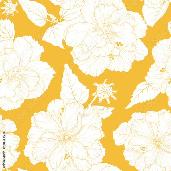 Fototapeta Seamless pattern of terry hibiscus on yellow background.  Hibiscus is changeable background. Floral print for fabric, wallpaper, wrapping paper, home decor and other designs.
