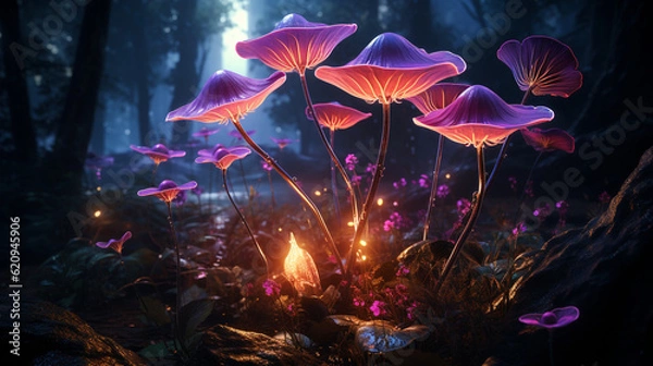 Fototapeta Magic mushrooms in the forest at night