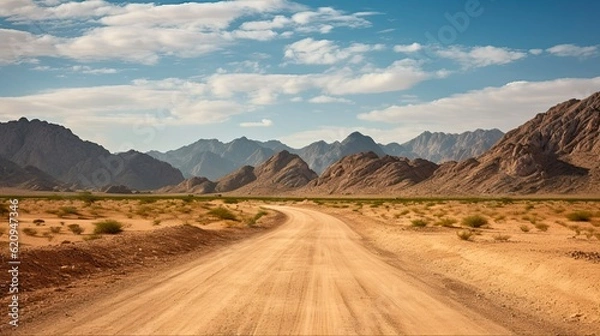 Fototapeta Arabian Adventure: Exploring the Beautiful and Barren Hajar Mountains on a Dirt Road in Dubai, UAE with Blue Skies and Bright Clouds: Generative AI