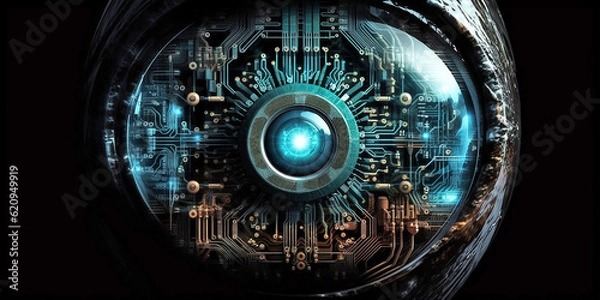 Obraz Computer vision. Electronic eye on a printed circuit board. Generative AI