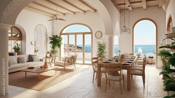 Fototapeta Mediterranean-inspired living room and dining room design space with modern furniture and indoor plants. Open plan, sea view, Generative AI